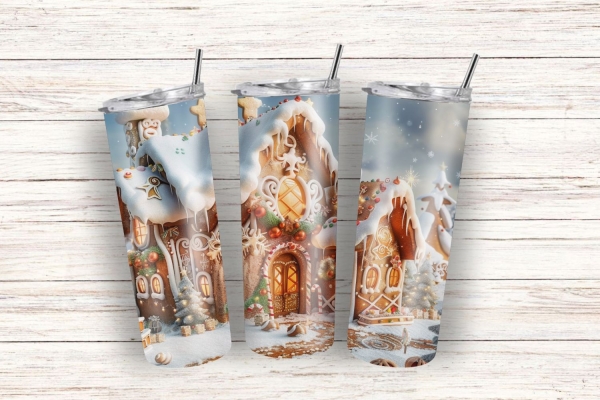 Drei Thermobecher mit winterlichem Lebkuchenhaus-Design, präsentiert auf hellem Holzuntergrund – ideal für weihnachtliche Stimmung.